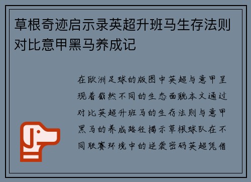 草根奇迹启示录英超升班马生存法则对比意甲黑马养成记